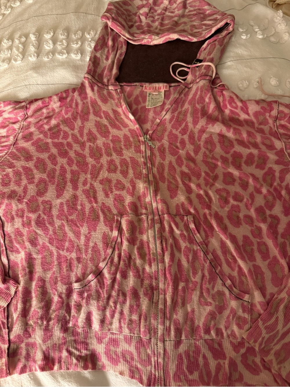 Knitwit  pink Leopard Print Women's Cardigan hoodie cashmere Large